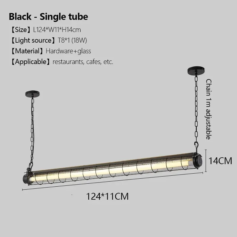 Black single-tube linear chandelier glass pendant lamp with glass enclosure and metal hardware for industrial lighting