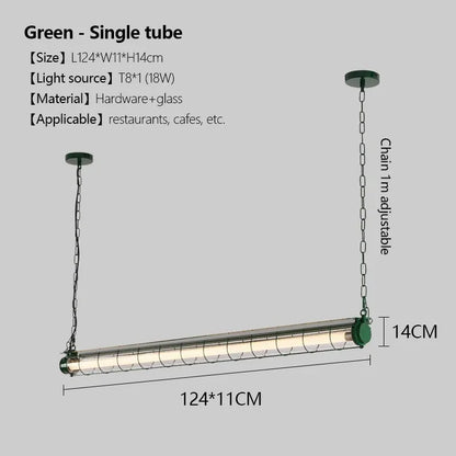 Linear chandelier glass pendant lamp featuring a green single-tube design with metallic finish and adjustable chain length
