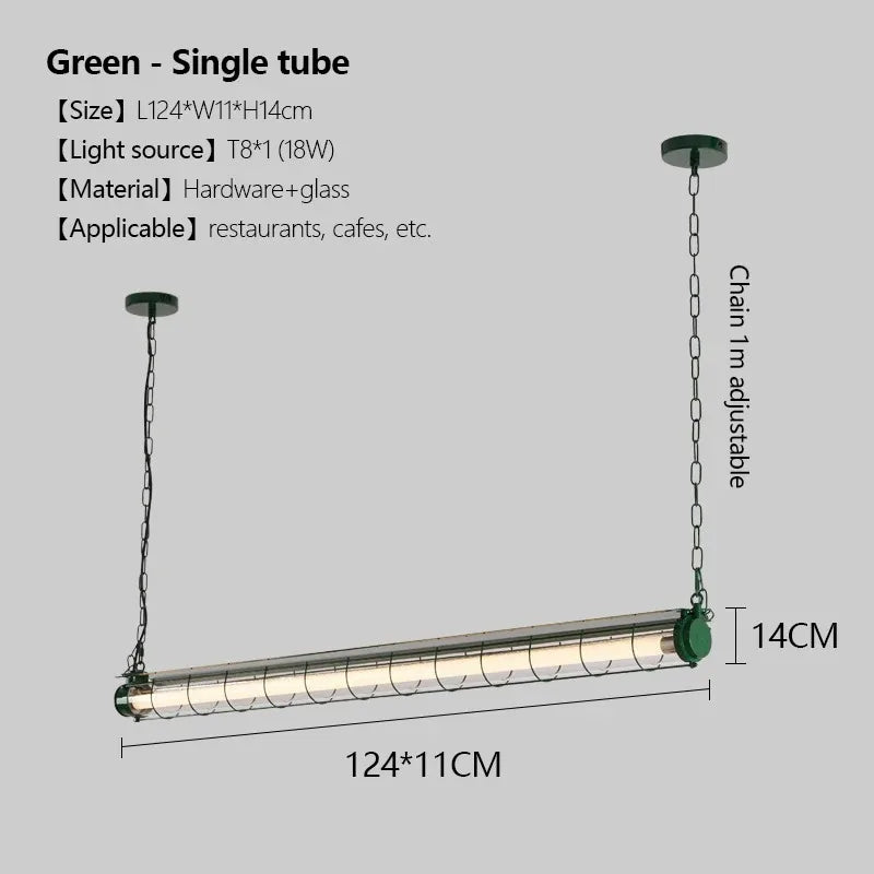 Linear chandelier glass pendant lamp featuring a green single-tube design with metallic finish and adjustable chain length