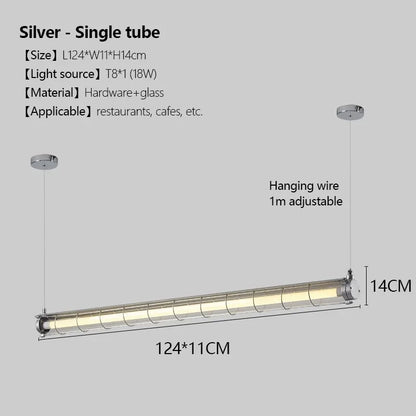 Silver linear chandelier glass pendant lamp with single tube cylindrical design featuring hardware and glass construction