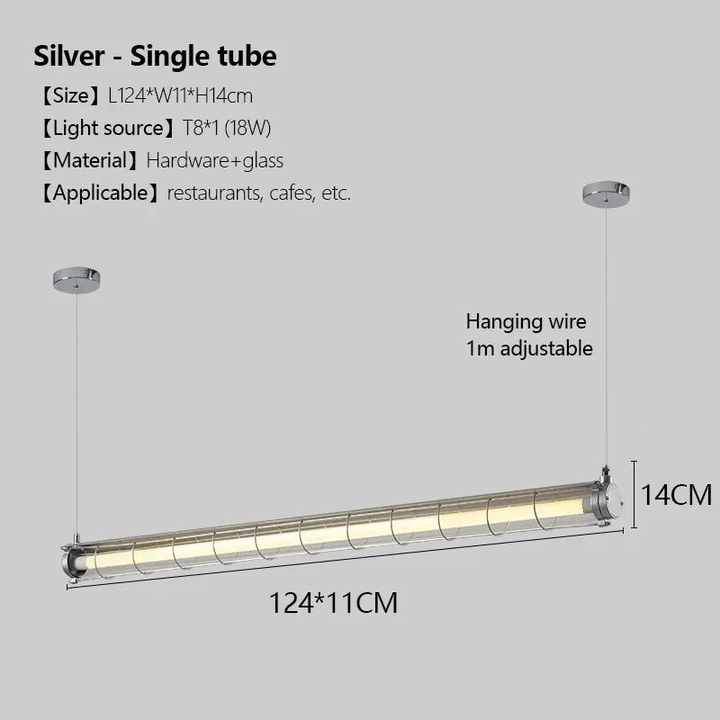 Silver linear chandelier glass pendant lamp with single tube cylindrical design featuring hardware and glass construction