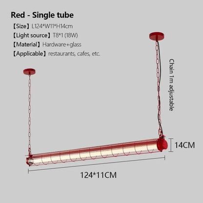 Red linear chandelier glass pendant lamp with single-tube design, metallic finish, and sleek glass enclosure