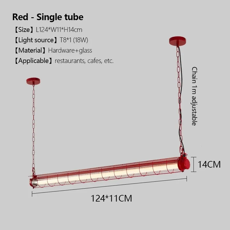 Red linear chandelier glass pendant lamp with single-tube design, metallic finish, and sleek glass enclosure
