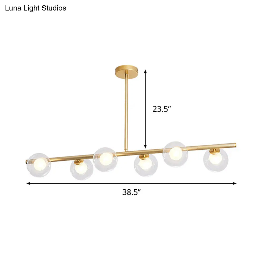 DecorBites™ Linear Island Light Fixture Nordic Metal 6 Heads Gold Hanging Lamp with Globe Clear Glass Shade