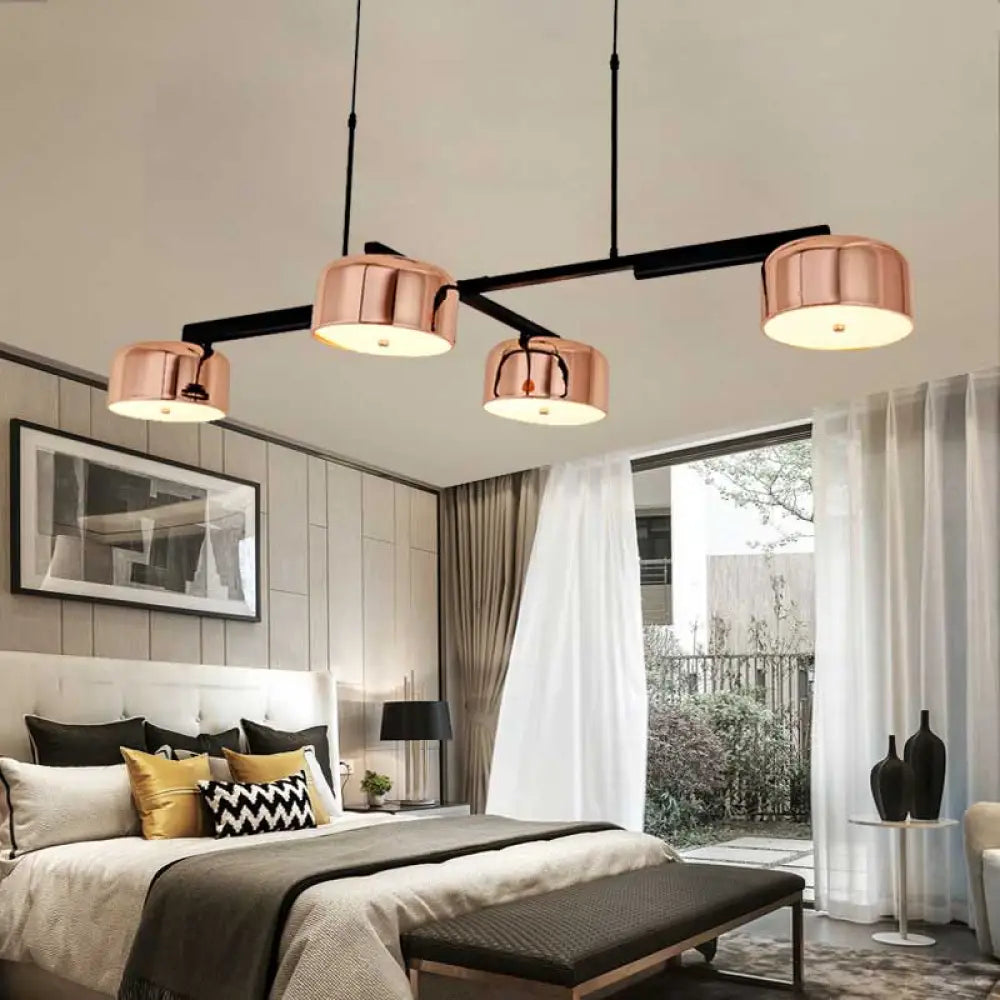 DecorBites™ Linear Modernist Island Pendant Light with 4 Drum Shades in Black/Rose Gold