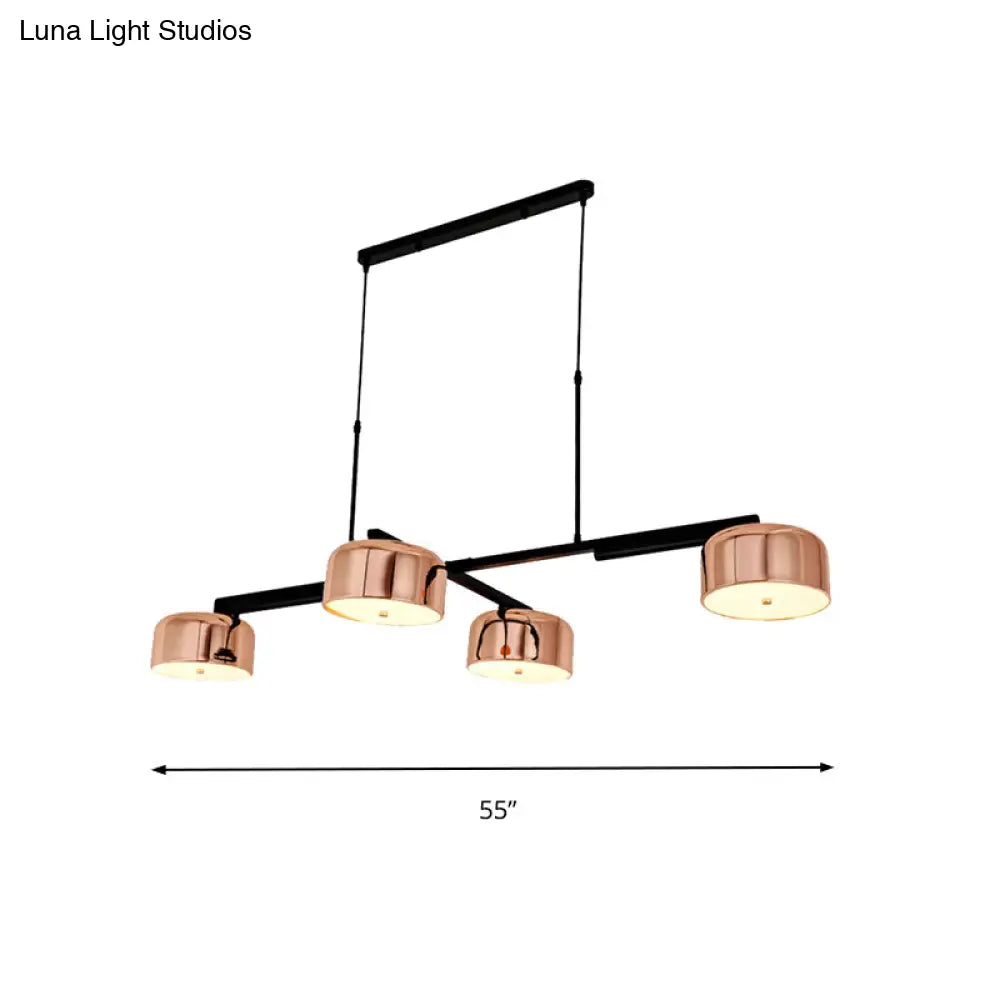 DecorBites™ Linear Modernist Island Pendant Light with 4 Drum Shades in Black/Rose Gold