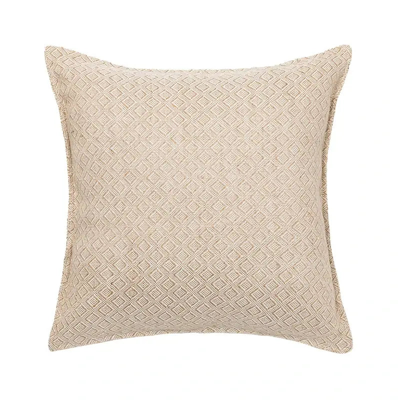 Beige square cushion cover with subtle woven diamond pattern in decorbites linen embroidery leaves design for living room decor