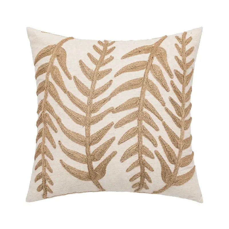 Cream-colored linen embroidery leaves cushion cover with intricate textured gold leaf embroidery for living room decorbites