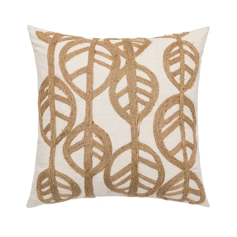 Cream-colored cushion cover with linen embroidery leaves in natural brown jute for beige living room decorbites decor