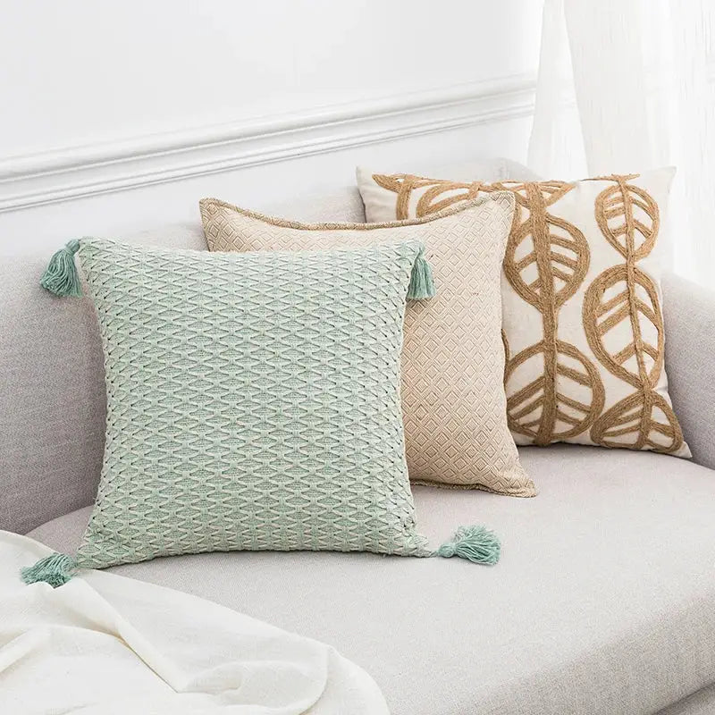 Mint green textured cushion cover with tassels featuring decorbites linen embroidery leaves for living room decor