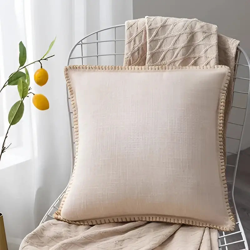 Beige linen fringe cushion with textured woven border cushion cover for neutral tones living room decorbites linen fringe