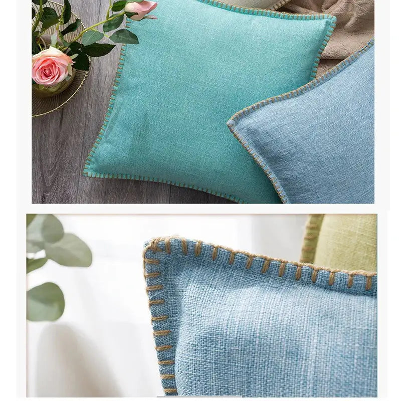 Light blue linen fringe cushion cover with textured weave and tan stitching for neutral tones living room decorbites cushion cover