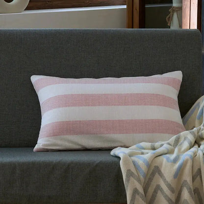 Rectangular linen stripe cushion cover with soft pink and white horizontal stripes in textured fabric for decorbites living room decor