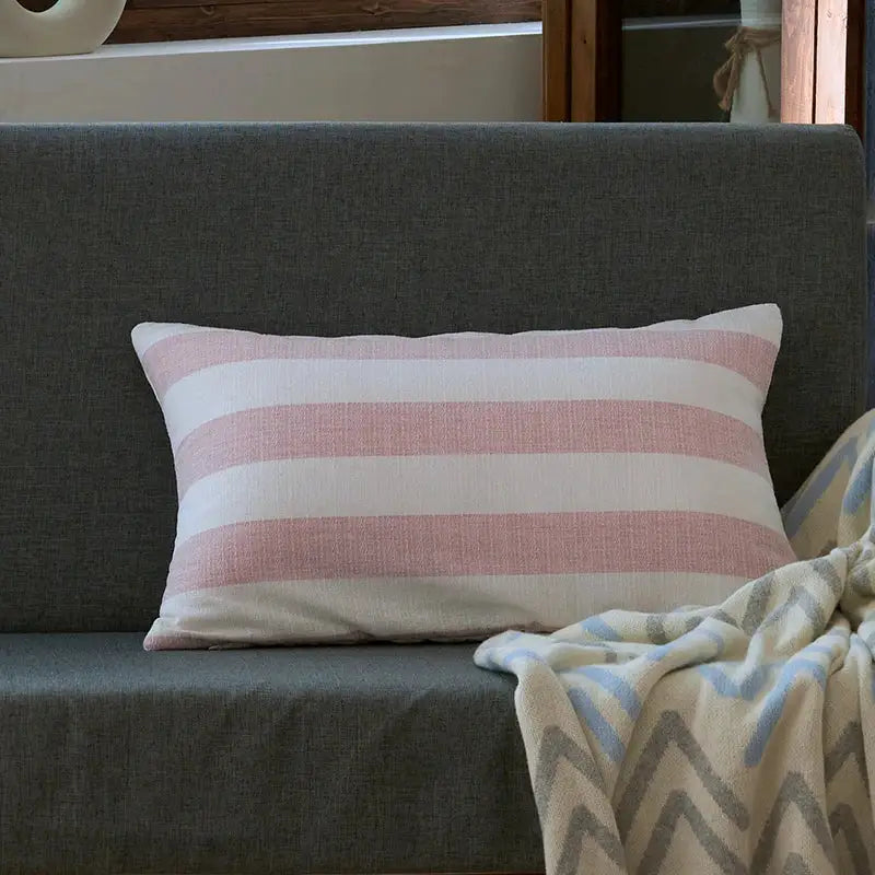 Rectangular linen stripe cushion cover with soft pink and white horizontal stripes in textured fabric for decorbites living room decor