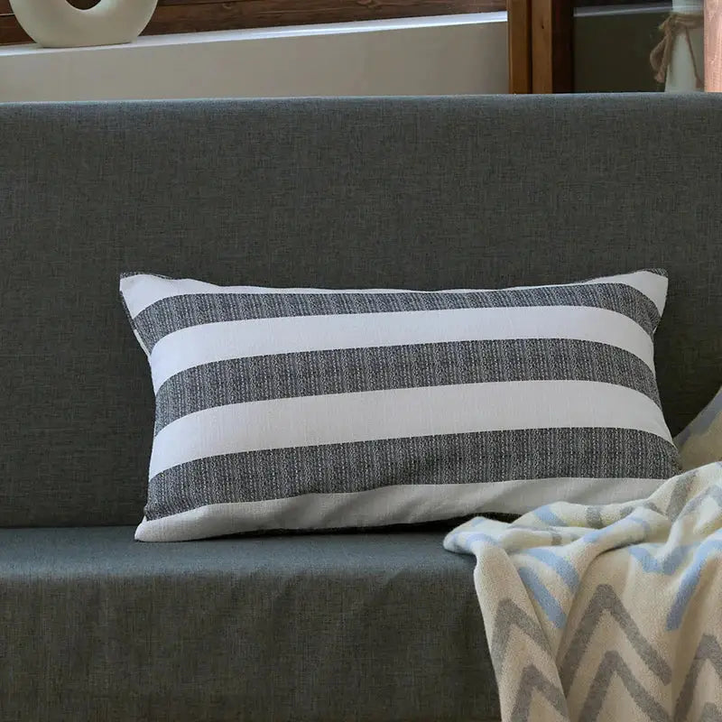 Rectangular linen stripe cushion cover with wide white and dark gray horizontal stripes in textured fabric for decorbites living room decor