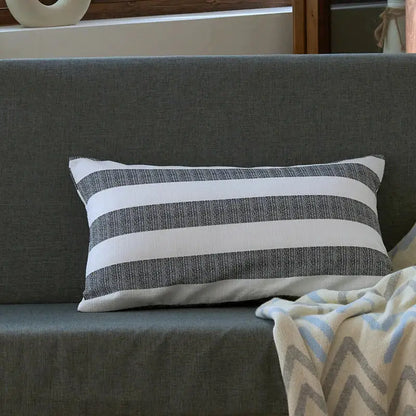 Rectangular linen stripe cushion cover with wide white and dark gray horizontal stripes in textured fabric for decorbites living room decor