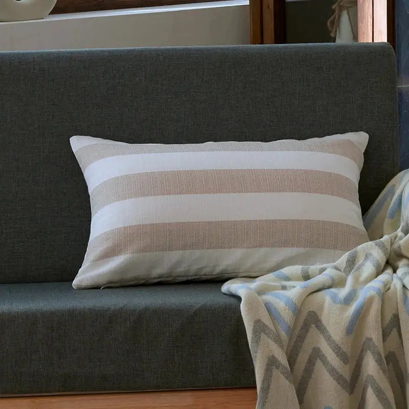 Rectangular linen stripe cushion cover with beige and off-white horizontal stripes made of textured fabric for decorbites linen stripe