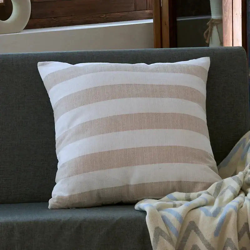 Square linen stripe cushion cover with off-white and beige horizontal stripes made from textured fabric for living room decor