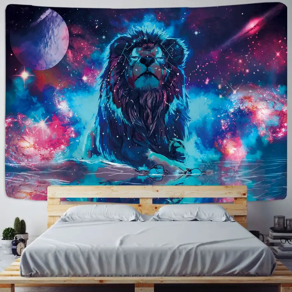 Vibrant lion psychedelic art tapestry with neon blue and pink cosmic fur for decorbites lion psychedelic living room decor