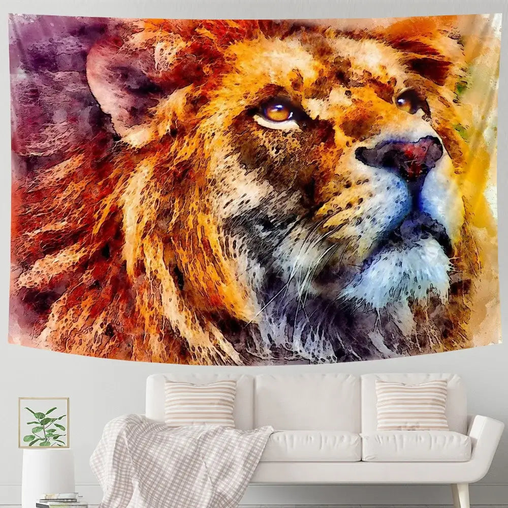Vibrant decorbites lion psychedelic art tapestry in orange brown and neon blue hangs above a white sofa for living room decor
