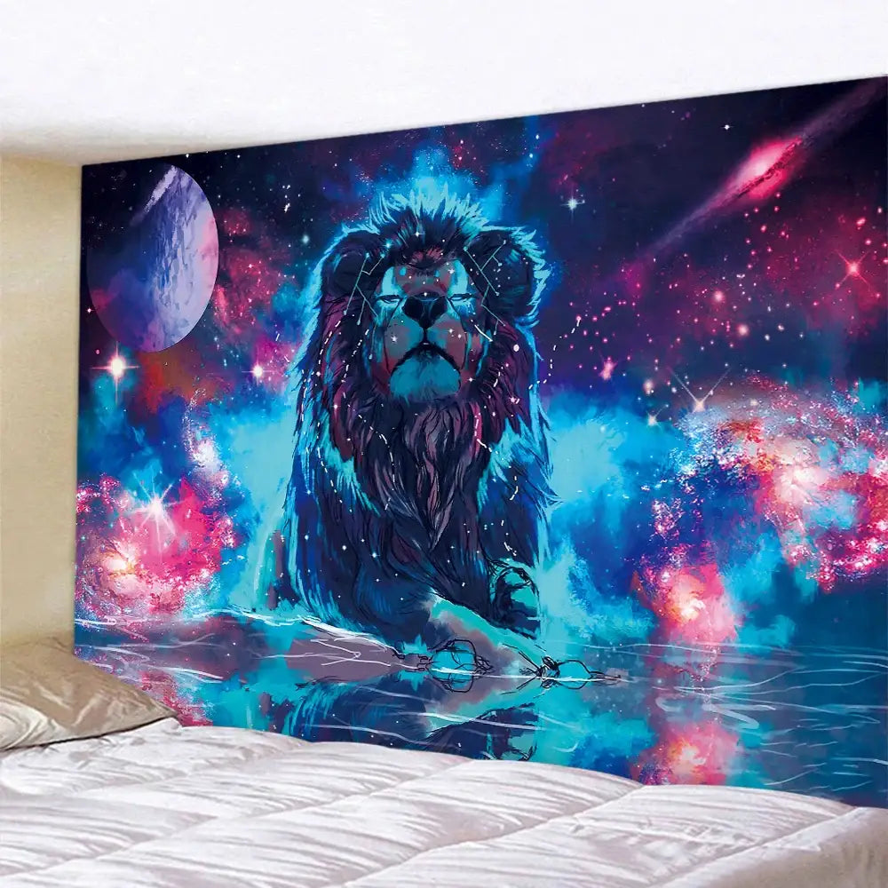 Vibrant lion psychedelic art tapestry with neon blue and pink cosmic mane for decorbites lion psychedelic decor