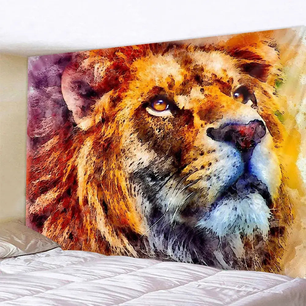Vibrant decorbites lion psychedelic art tapestry with bold orange brown and blue hues for living room decor