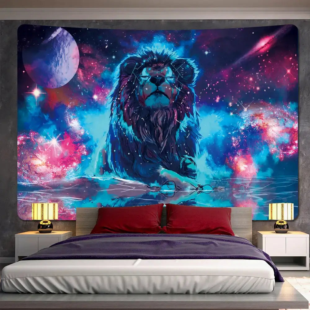 Vibrant decorbites lion psychedelic art tapestry with neon blue and pink nebulae stars and planet backdrop for living room decor