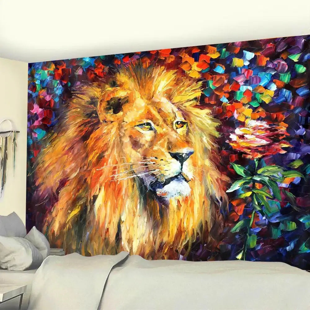 Vibrant lion psychedelic art tapestry with bold brushstrokes in neon blue and pink for modern living room decorbites decor