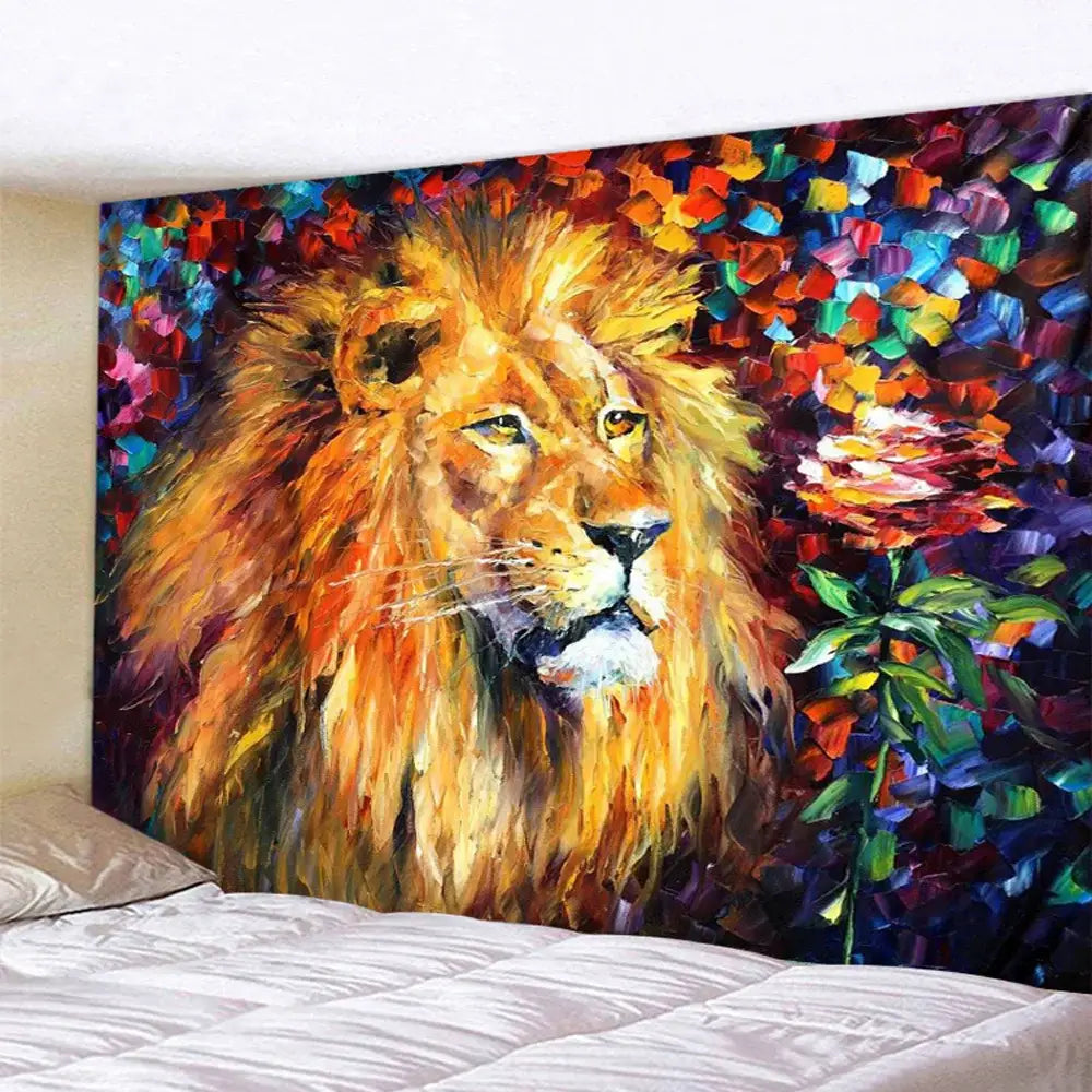Vibrant decorbites lion psychedelic tapestry featuring golden lion with expressive eyes on neon blue and pink abstract background