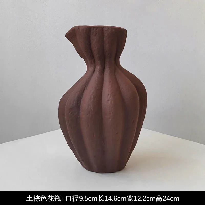 Livetai wabi-sabi handmade terracotta ceramic vase with fluted ribbed design and narrow spout for modern boho decor