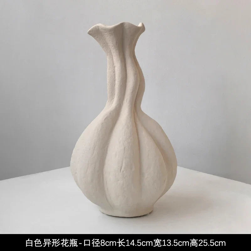 A white livetai wabi-sabi handmade ceramic vase with flared top and ribbed body for modern boho decor