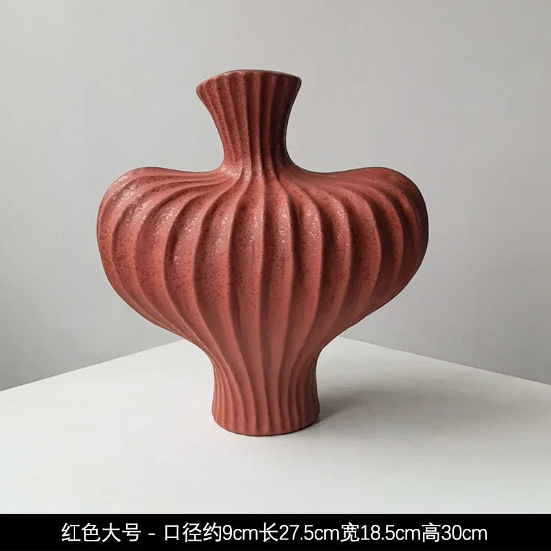Livetai wabi-sabi handmade terracotta ceramic vase with fluted ribbed texture and organic shape for modern boho decor