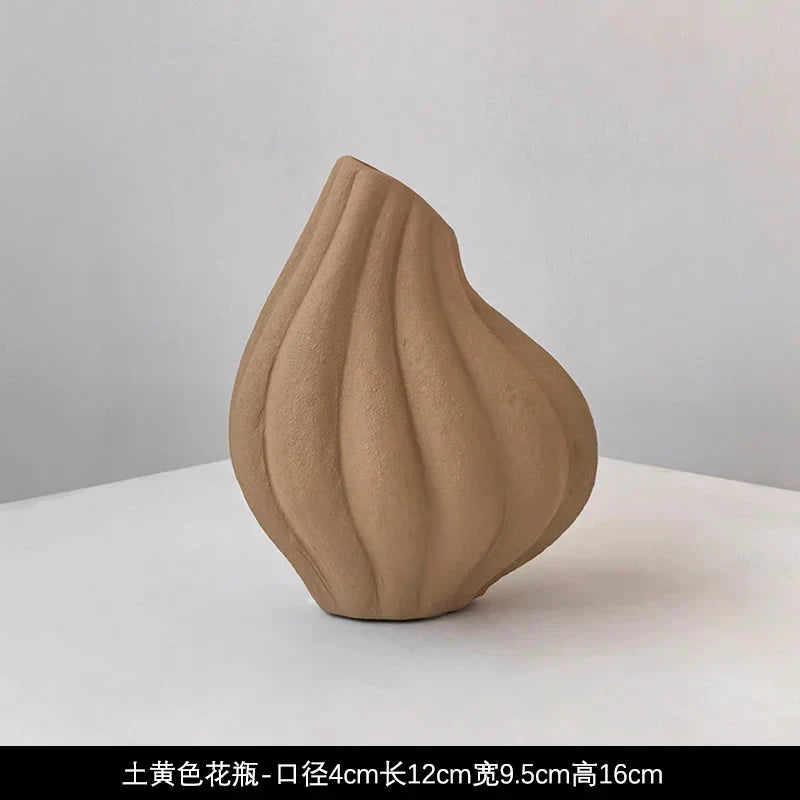 Earthenware Livetai Wabi-Sabi handmade ceramic vase with smooth matte finish and vertical ridges for modern boho decor