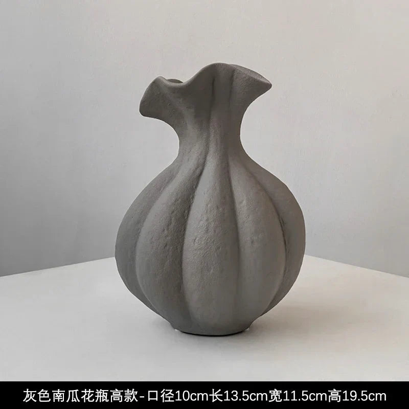 Livetai wabi-sabi gray ceramic vase with textured matte finish and sculpted ridges for modern boho decor