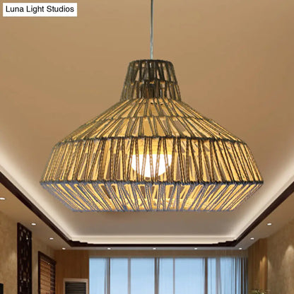 Living Room Ceiling Pendant Light - Traditional Beige Hanging Lamp with Urn Paper Shade