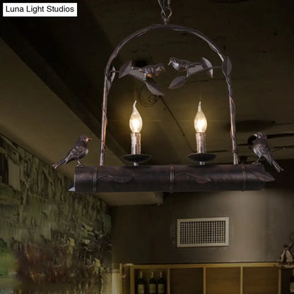 Lodge Birdcage Chandelier Lamp with Flameless Candle - Wrought Iron Pendant Lighting in Dark Rust (2 Lights)