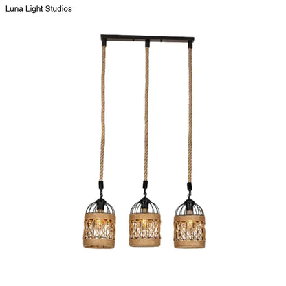 Lodge Birdcage Pendant Light Kit – Criss-Cross Woven Rope, Brown – 3/6 Heads Cluster – Round/Linear Canopy