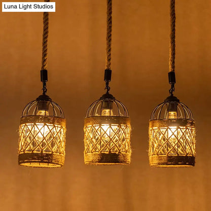 Lodge Birdcage Pendant Light Kit – Criss-Cross Woven Rope, Brown – 3/6 Heads Cluster – Round/Linear Canopy