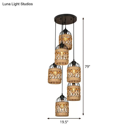 Lodge Birdcage Pendant Light Kit – Criss-Cross Woven Rope, Brown – 3/6 Heads Cluster – Round/Linear Canopy