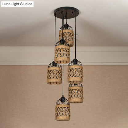 Lodge Birdcage Pendant Light Kit – Criss-Cross Woven Rope, Brown – 3/6 Heads Cluster – Round/Linear Canopy