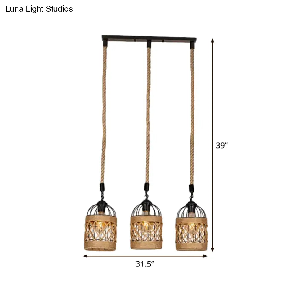 Lodge Birdcage Pendant Light Kit – Criss-Cross Woven Rope, Brown – 3/6 Heads Cluster – Round/Linear Canopy