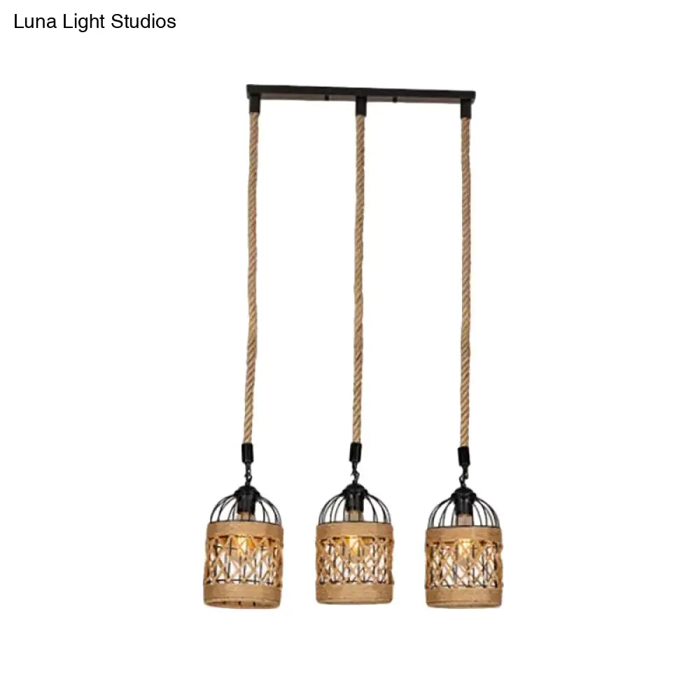 Lodge Birdcage Pendant Light Kit – Criss-Cross Woven Rope, Brown – 3/6 Heads Cluster – Round/Linear Canopy