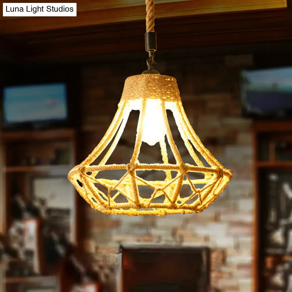 Lodge Diamond Pendant Ceiling Light in Brown - 1 Bulb Hemp Hanging for Cafes