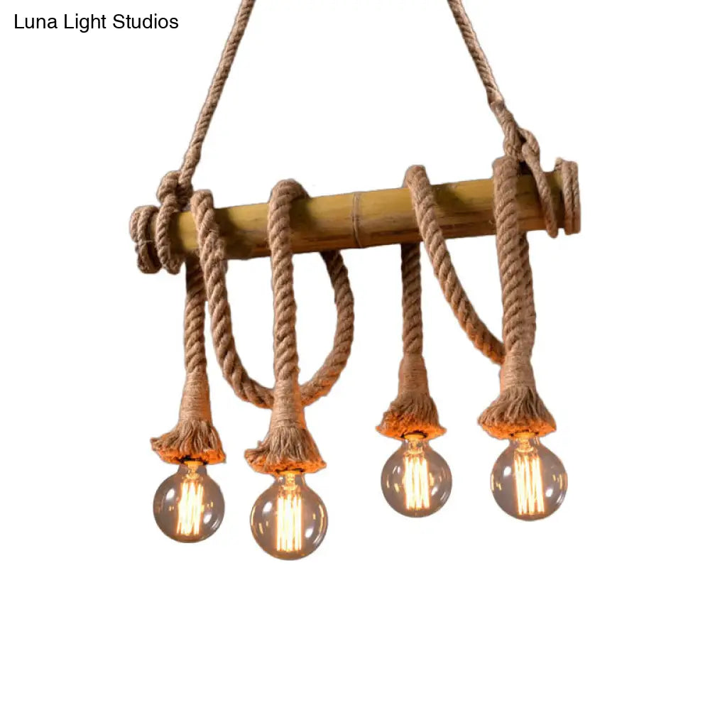 DecorBites™ Lodge Industrial Beige Island Light with Adjustable Rope and Bamboo - 3/4 Lights Open Bulb