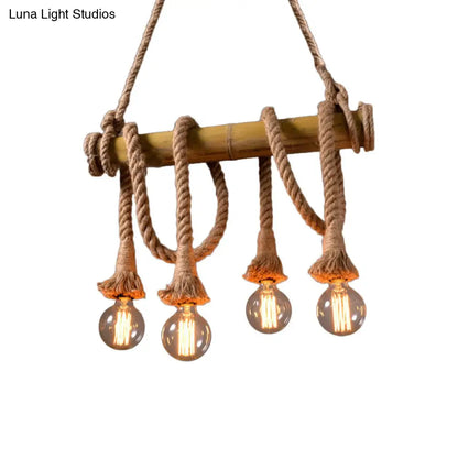 DecorBites™ Lodge Industrial Beige Island Light with Adjustable Rope and Bamboo - 3/4 Lights Open Bulb