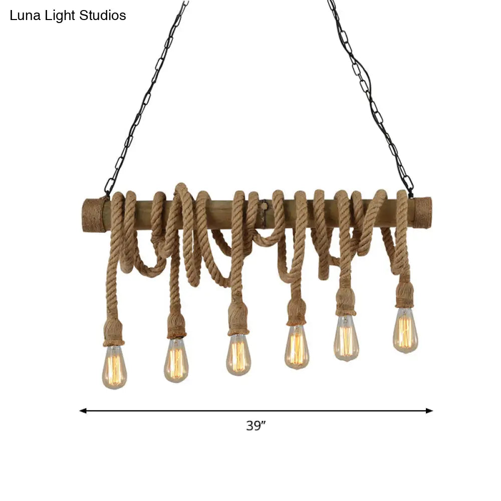 DecorBites™ Lodge Industrial Beige Island Light with Adjustable Rope and Bamboo - 3/4 Lights Open Bulb