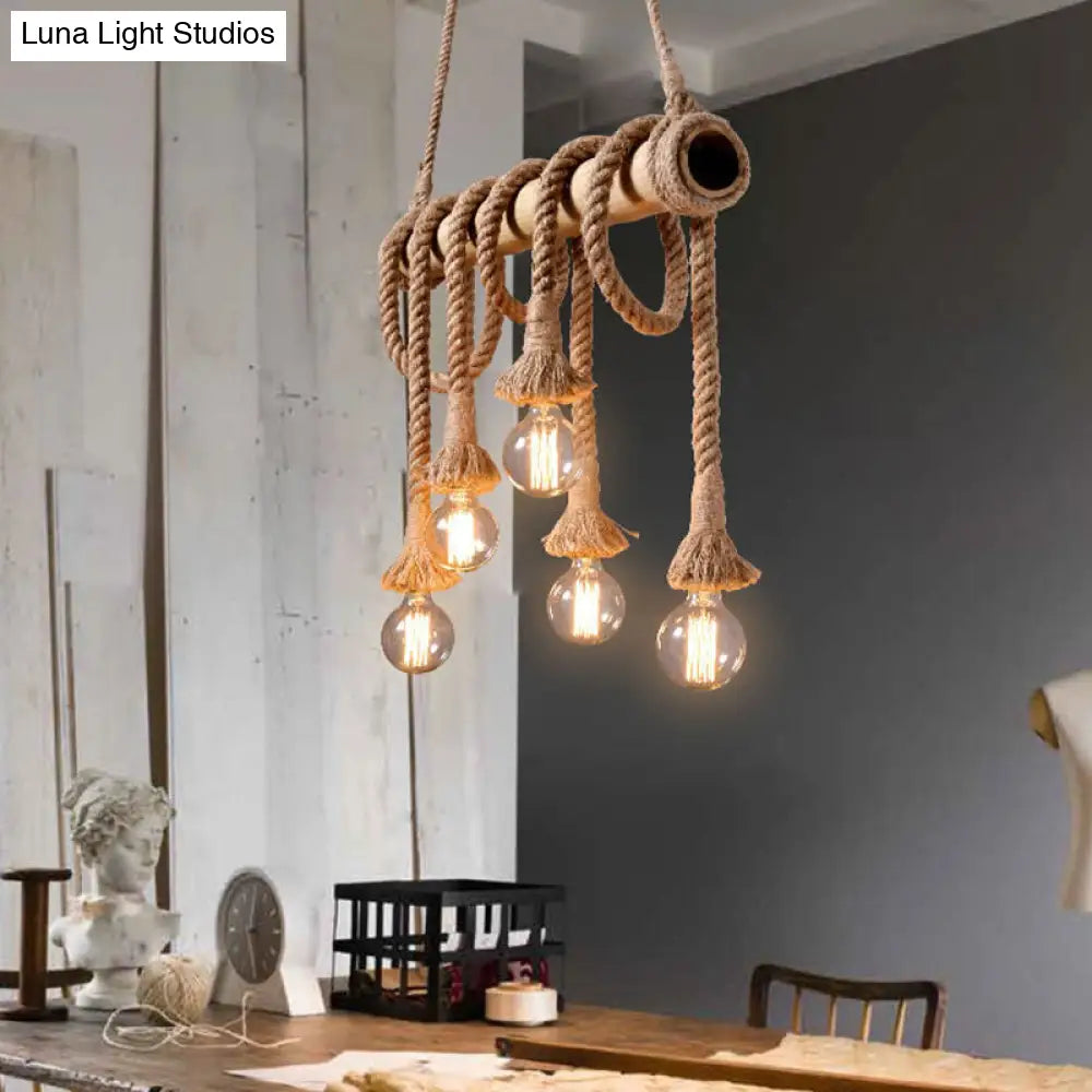 DecorBites™ Lodge Industrial Beige Island Light with Adjustable Rope and Bamboo - 3/4 Lights Open Bulb