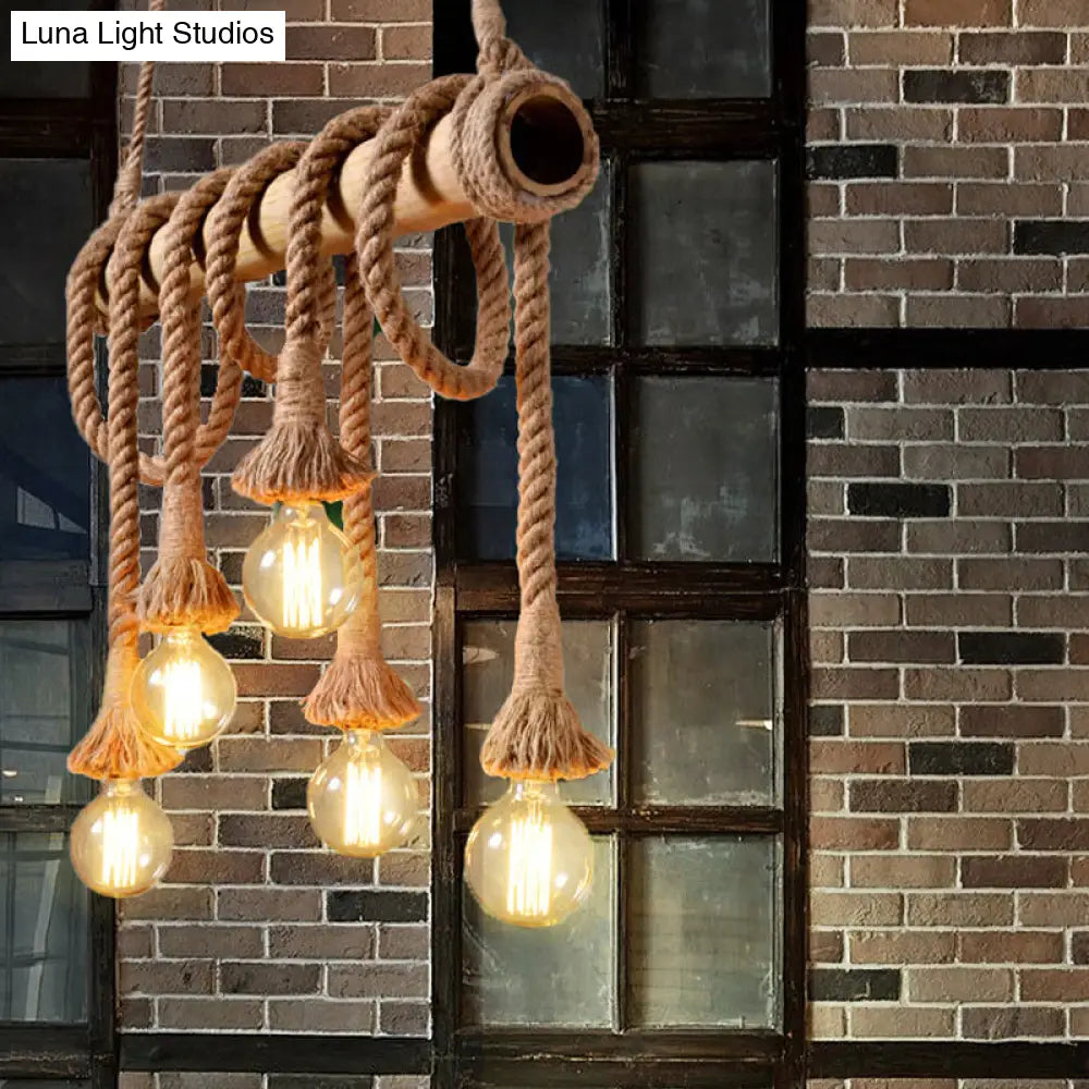 DecorBites™ Lodge Industrial Beige Island Light with Adjustable Rope and Bamboo - 3/4 Lights Open Bulb