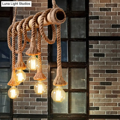 DecorBites™ Lodge Industrial Beige Island Light with Adjustable Rope and Bamboo - 3/4 Lights Open Bulb