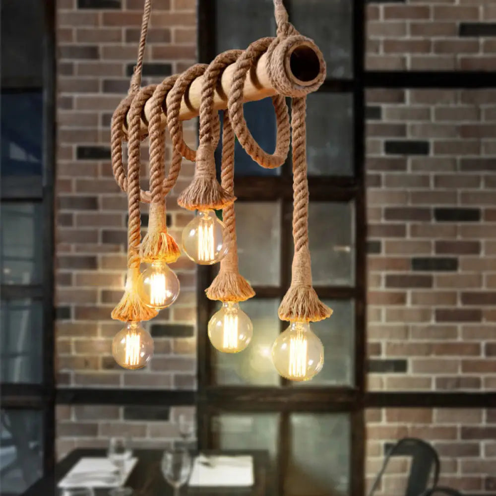 DecorBites™ Lodge Industrial Beige Island Light with Adjustable Rope and Bamboo - 3/4 Lights Open Bulb